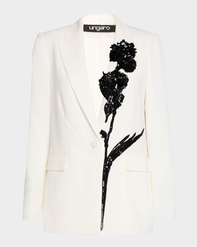 Single-Button Sequin Floral Applique Blazer